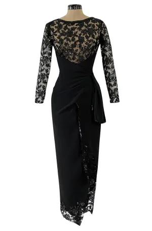 1980s Loris Azzaro Couture Black Silk & Net Sequin Floral Bodice Dress w Swag Hip Detail