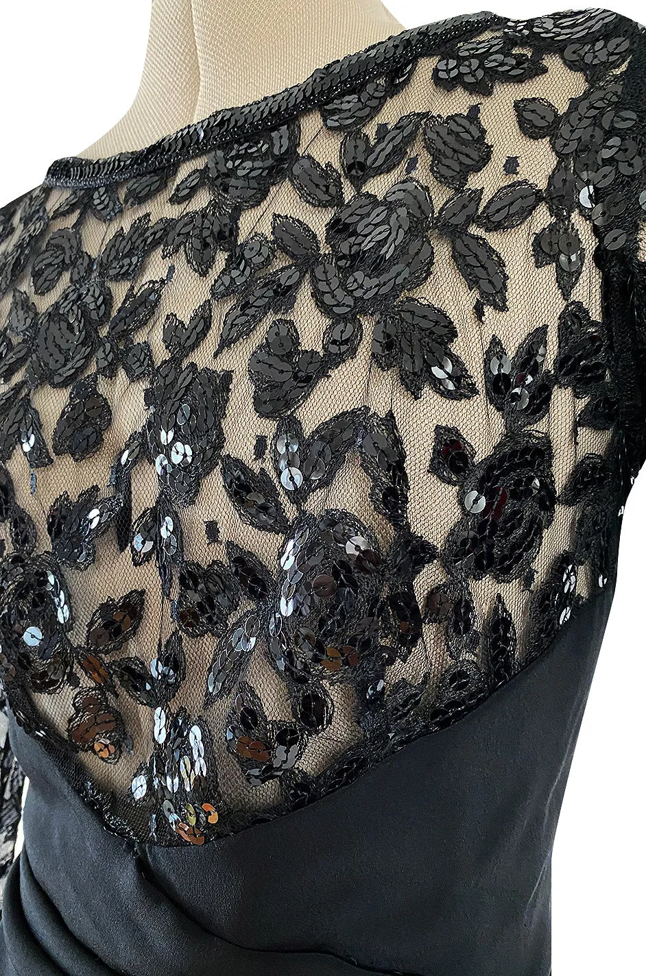 1980s Loris Azzaro Couture Black Silk & Net Sequin Floral Bodice Dress w Swag Hip Detail