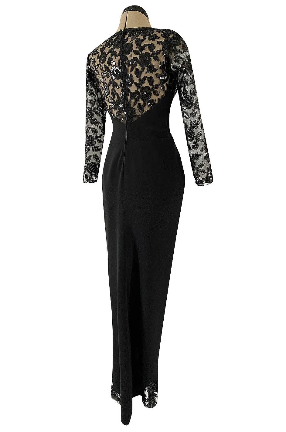 1980s Loris Azzaro Couture Black Silk & Net Sequin Floral Bodice Dress w Swag Hip Detail