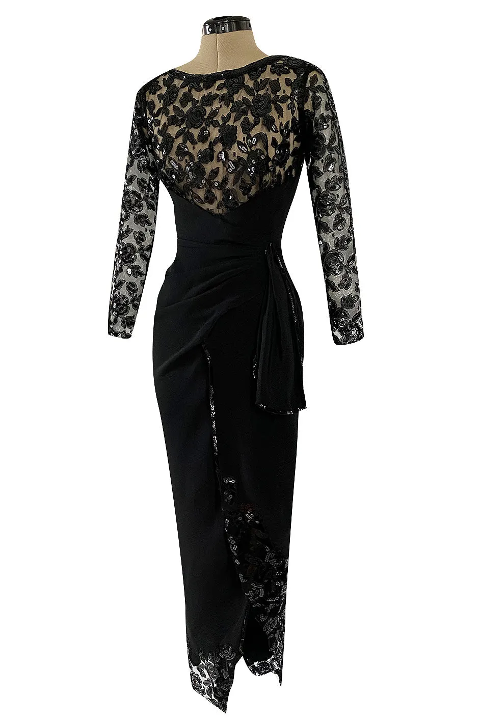 1980s Loris Azzaro Couture Black Silk & Net Sequin Floral Bodice Dress w Swag Hip Detail