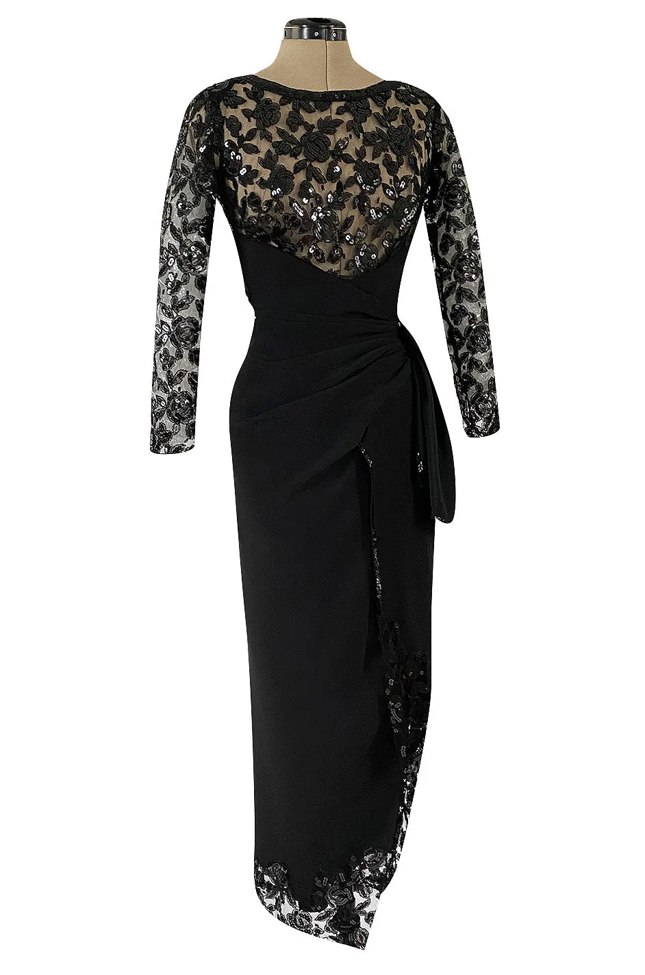 1980s Loris Azzaro Couture Black Silk & Net Sequin Floral Bodice Dress w Swag Hip Detail