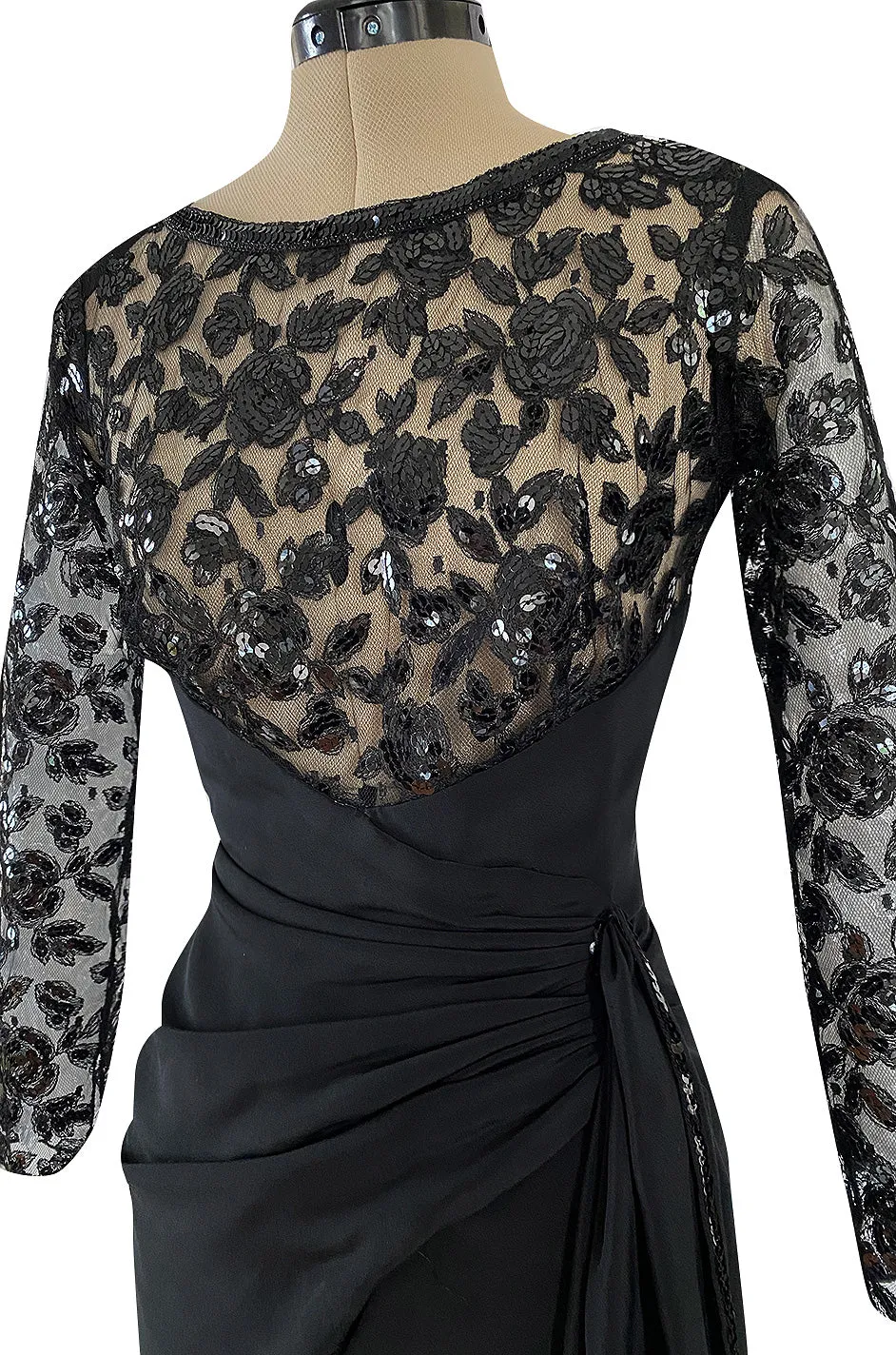 1980s Loris Azzaro Couture Black Silk & Net Sequin Floral Bodice Dress w Swag Hip Detail