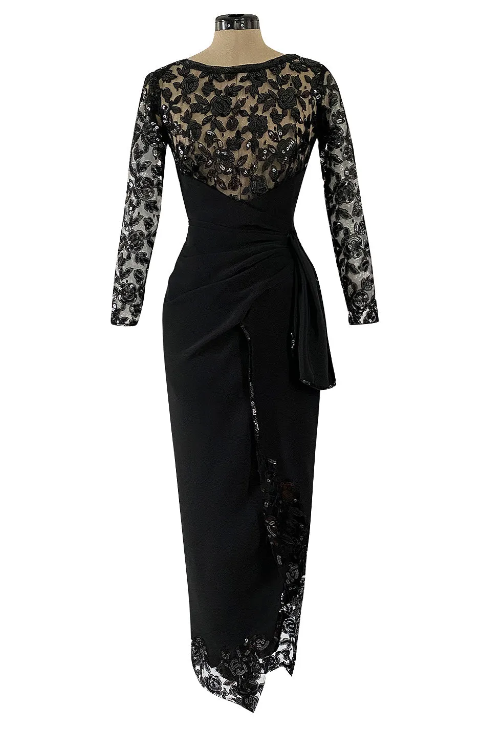 1980s Loris Azzaro Couture Black Silk & Net Sequin Floral Bodice Dress w Swag Hip Detail