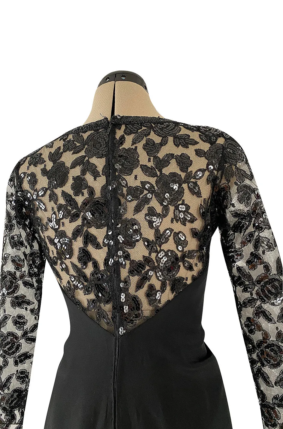 1980s Loris Azzaro Couture Black Silk & Net Sequin Floral Bodice Dress w Swag Hip Detail