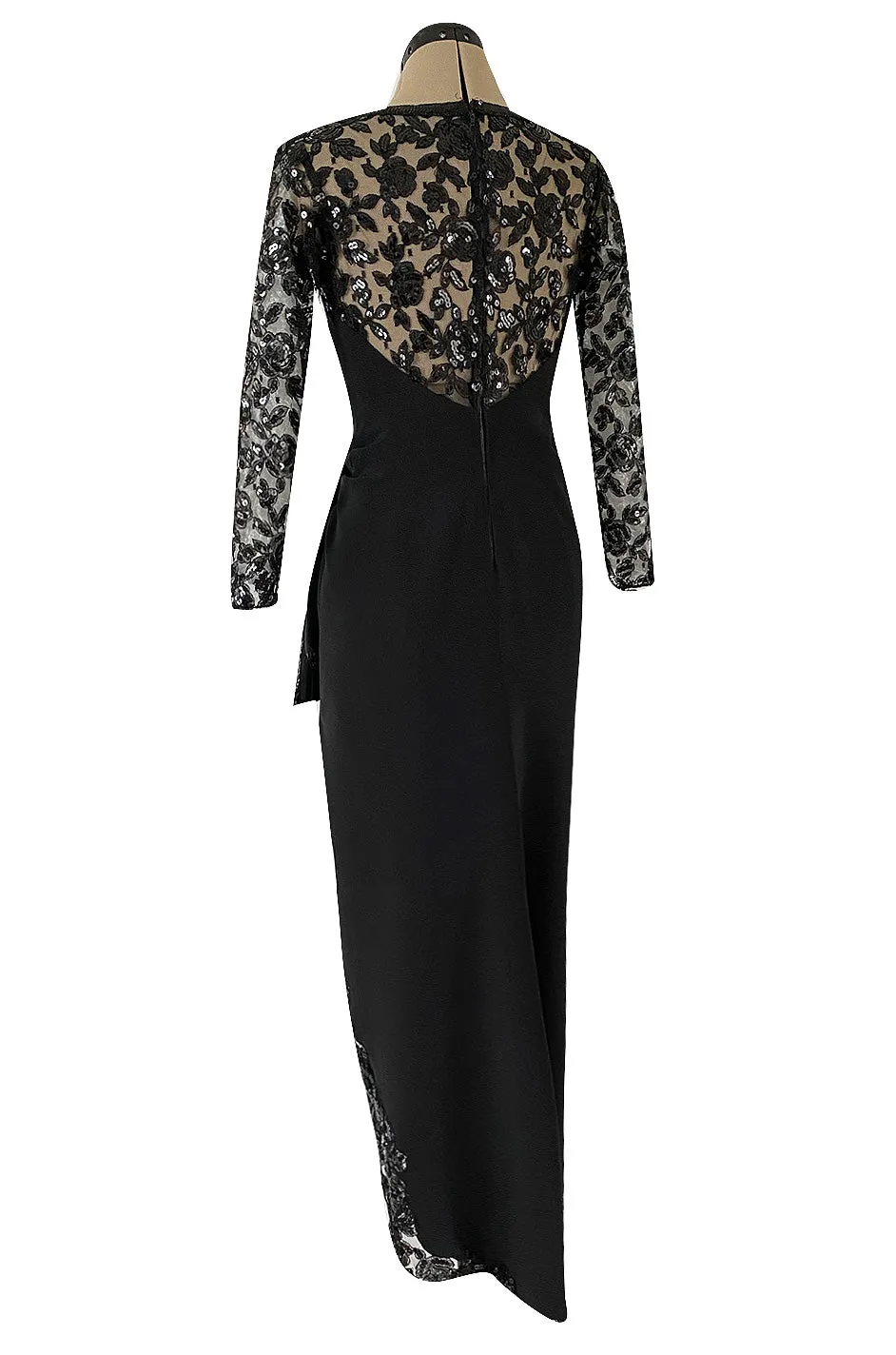 1980s Loris Azzaro Couture Black Silk & Net Sequin Floral Bodice Dress w Swag Hip Detail