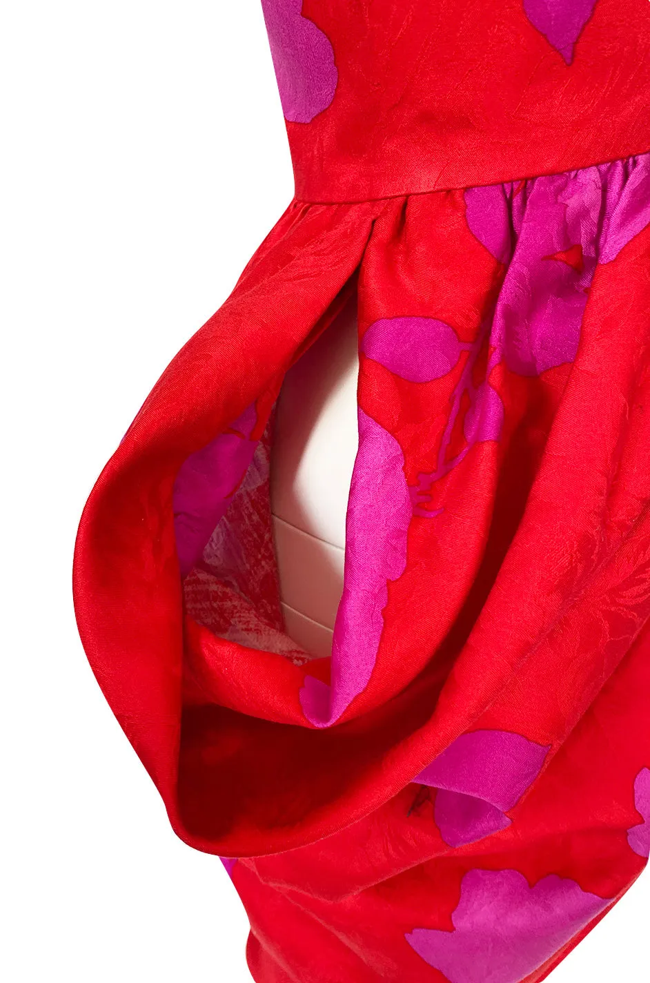 1980s Odicini Couture Coral & Pink Print Plunge Dress w Unusual Skirt