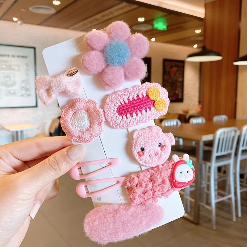 8/9-piece Baby Girls Plush Cartoon Hair Clips Set