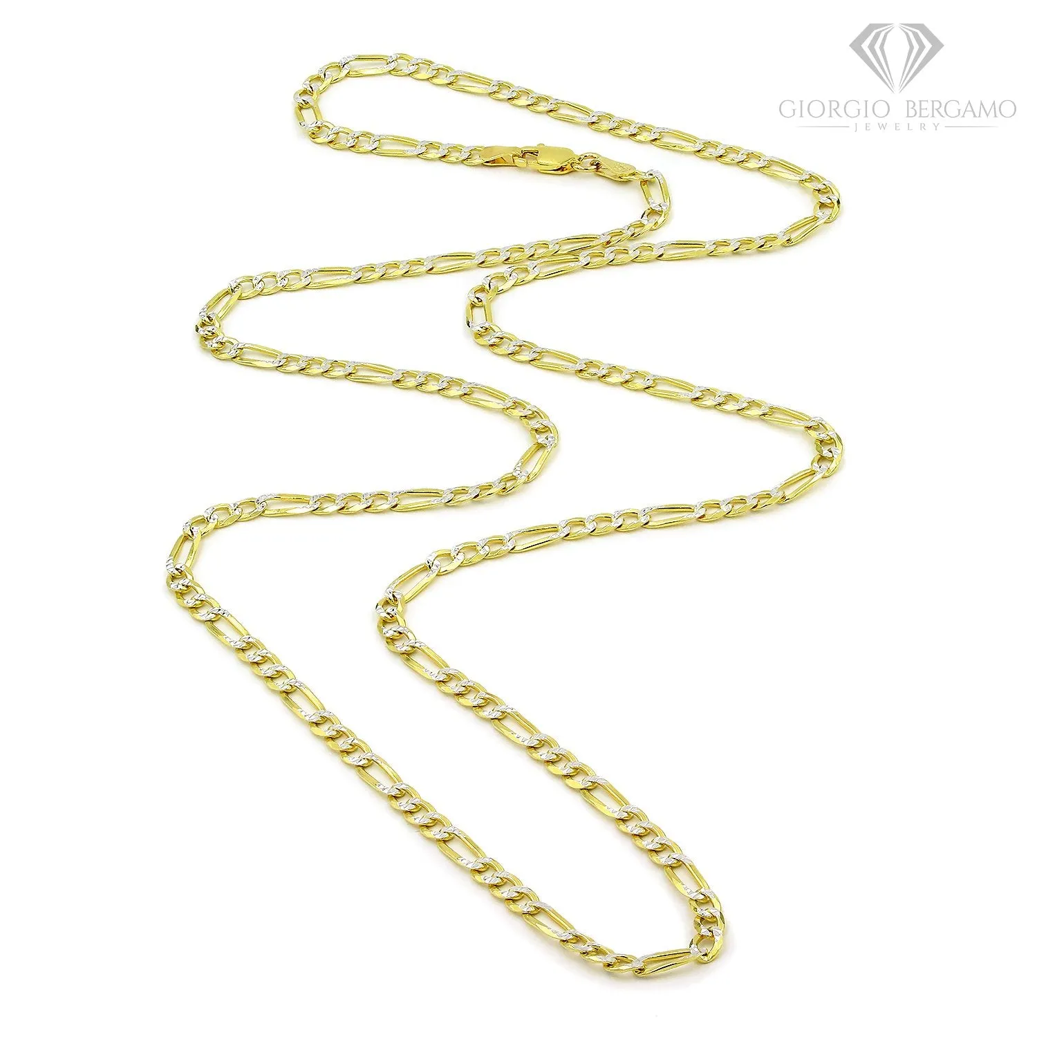 925 Sterling Silver Solid Figaro 3.5mm Diamond Cut Two Tone Pave Chain