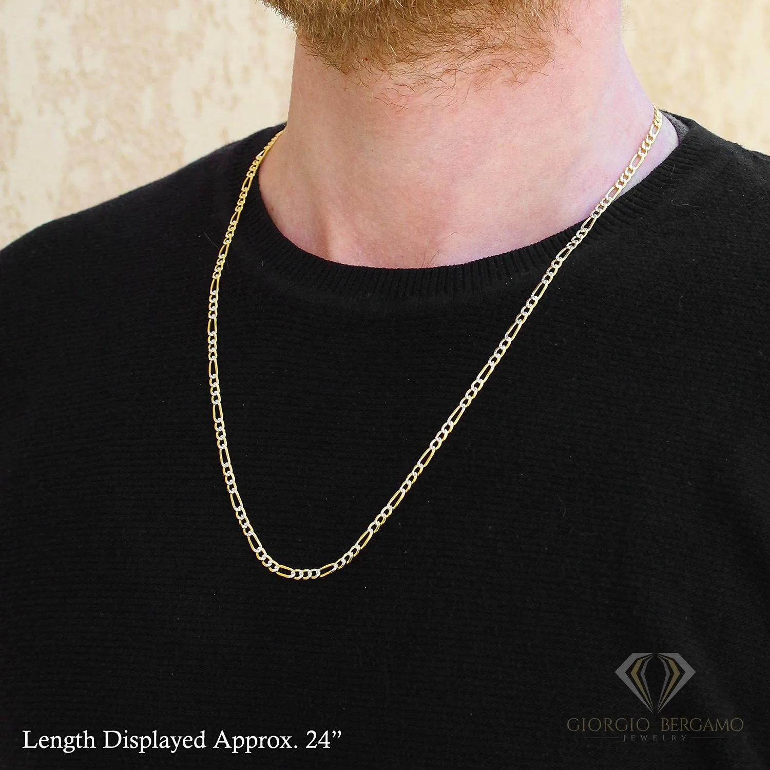 925 Sterling Silver Solid Figaro 3.5mm Diamond Cut Two Tone Pave Chain