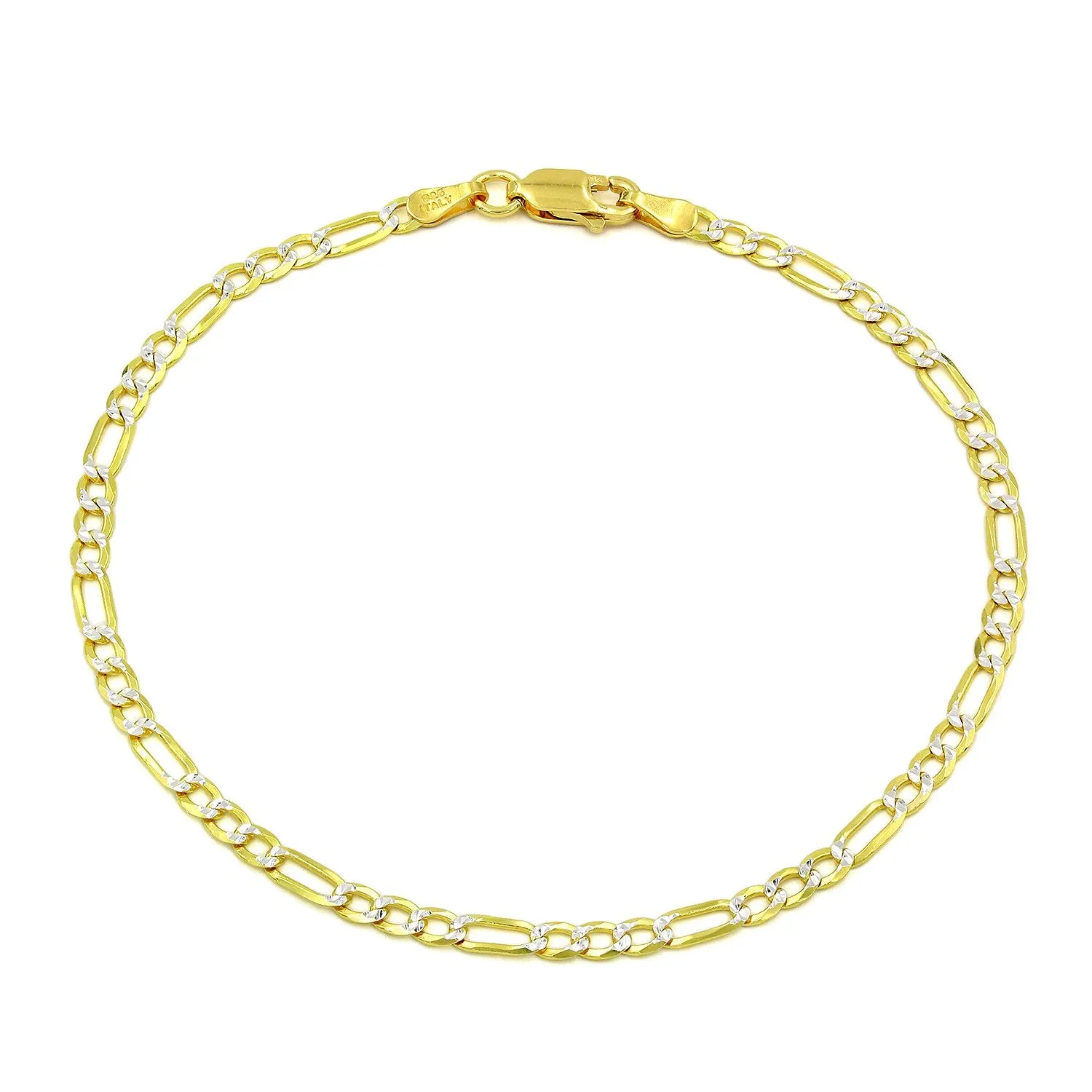 925 Sterling Silver Solid Figaro 3mm Diamond Cut Two Tone Pave Bracelet