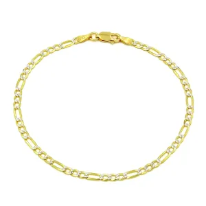 925 Sterling Silver Solid Figaro 3mm Diamond Cut Two Tone Pave Bracelet
