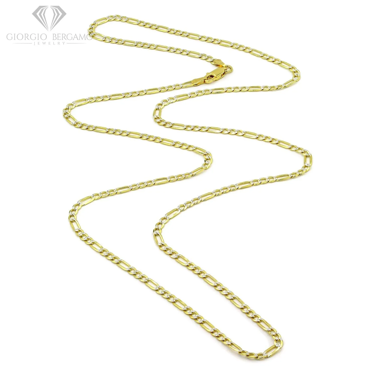 925 Sterling Silver Solid Figaro 3mm Diamond Cut Two Tone Pave Chain