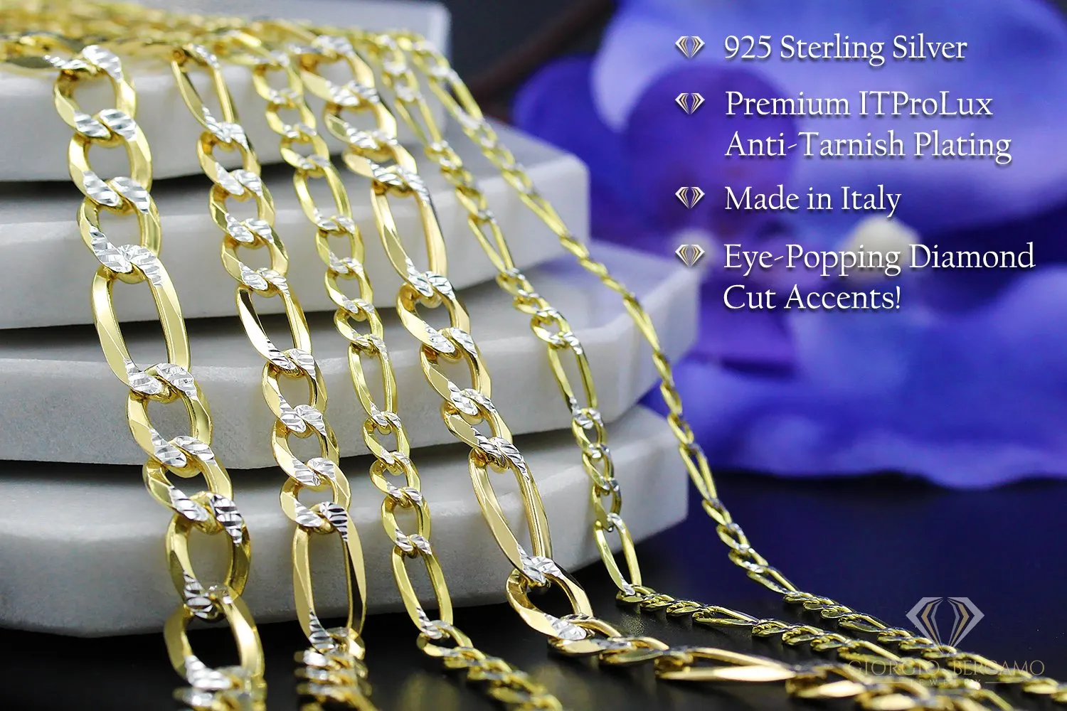 925 Sterling Silver Solid Figaro 4mm Diamond Cut Two Tone Pave Chain