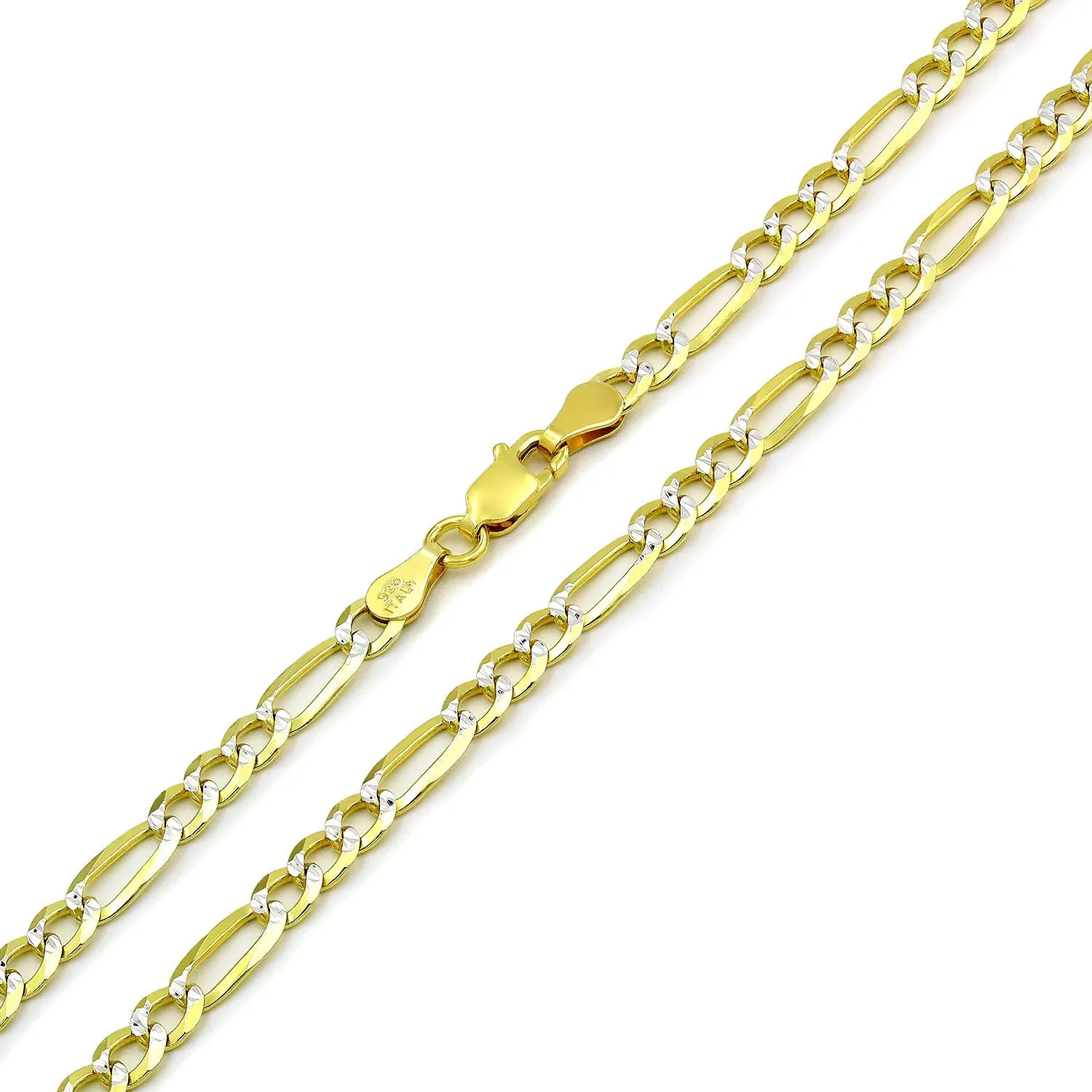 925 Sterling Silver Solid Figaro 4mm Diamond Cut Two Tone Pave Chain