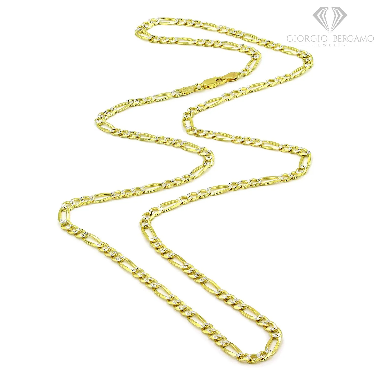 925 Sterling Silver Solid Figaro 4mm Diamond Cut Two Tone Pave Chain