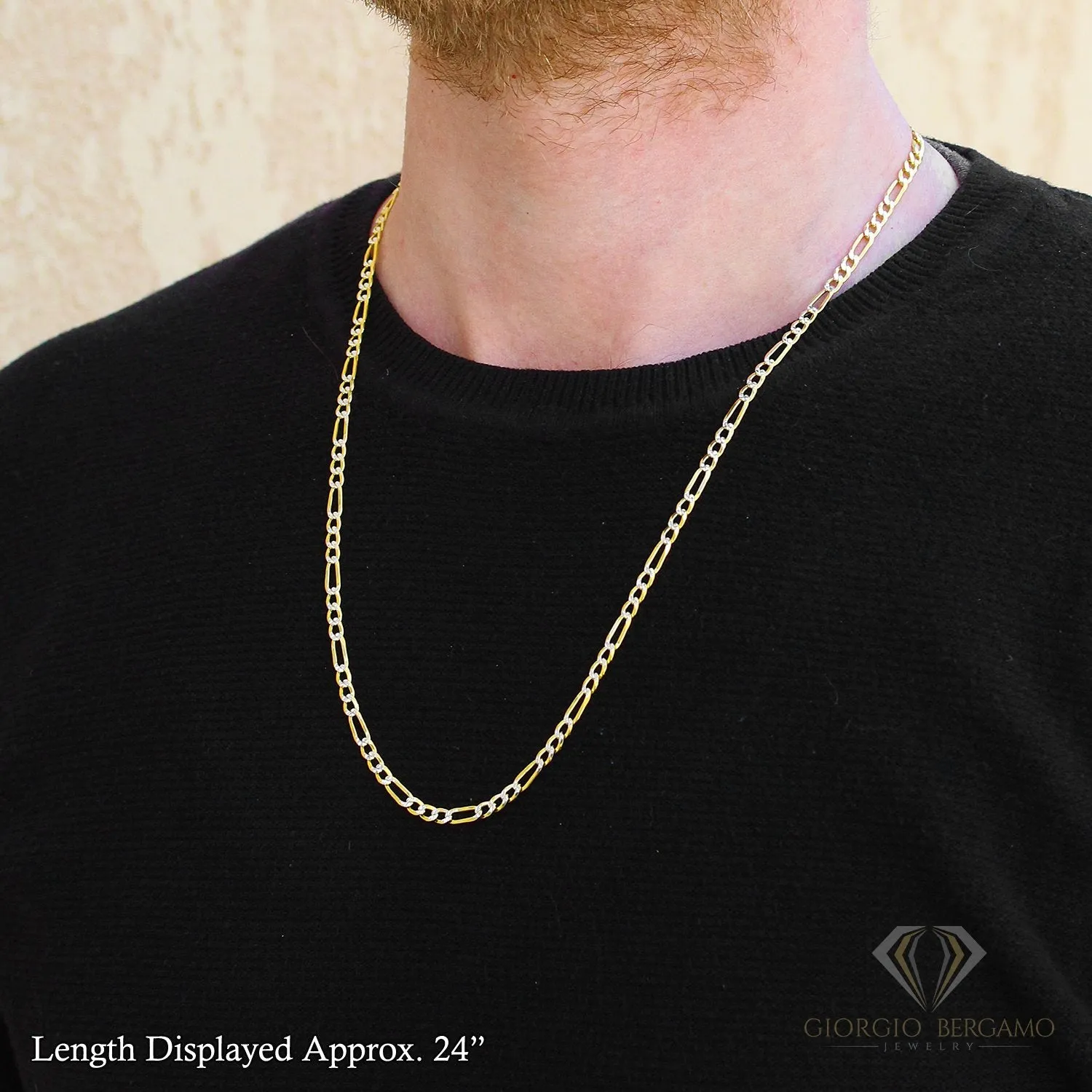925 Sterling Silver Solid Figaro 4mm Diamond Cut Two Tone Pave Chain