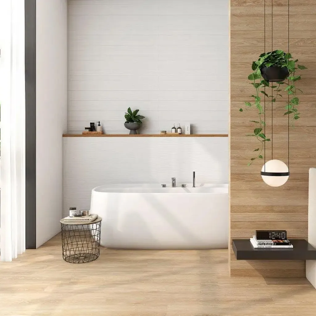 Abbey Roble ABS Floor Tile - Floor Mount - 8 x 48" Porcelain/Glazed - Piece : 2.52 SqFt = $ 4.32 / Box: 20.15 Sqft = $ 87.00 - Pieces Per Box: 8 Units
