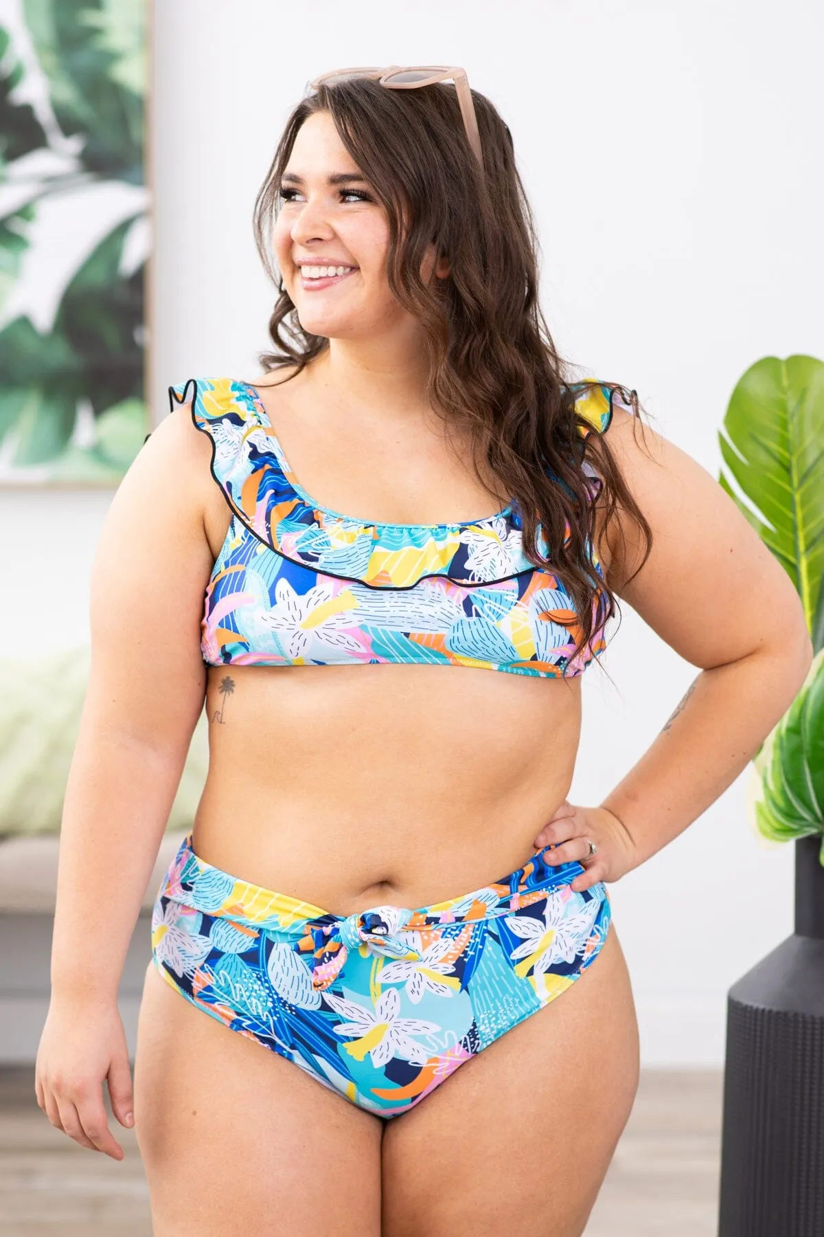 Aqua Tropical Print Two Piece Swimsuit