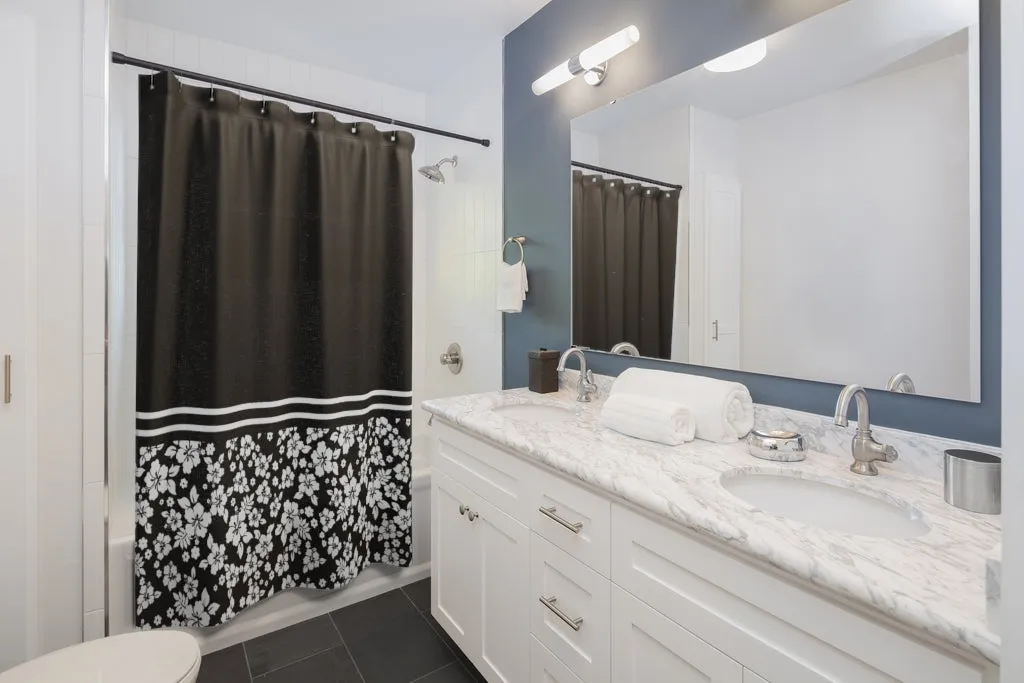 Black and White Hibiscus Pattern Contrast Shower Curtain
