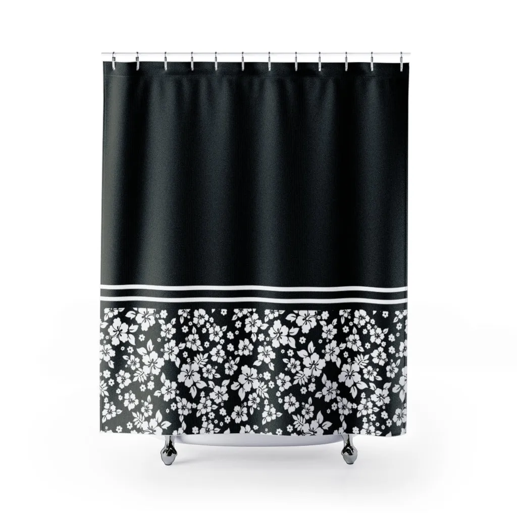 Black and White Hibiscus Pattern Contrast Shower Curtain