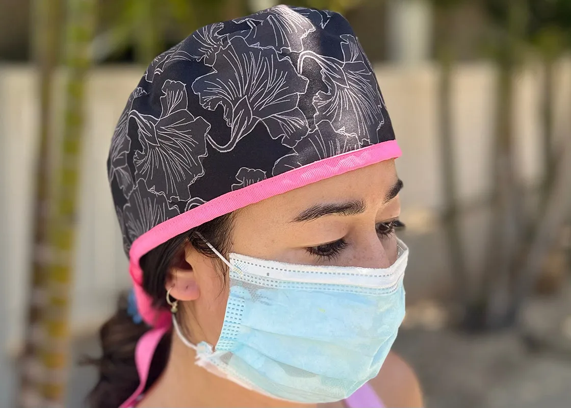 Black Hibiscus Scrub Cap Surgical Cap
