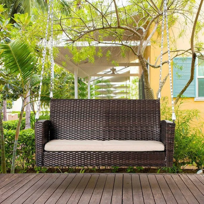 Brown Resin Wicker 2-Person Porch Swing Loveseat with Tan Cushion