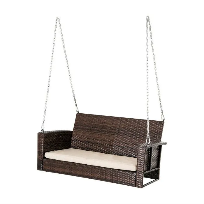 Brown Resin Wicker 2-Person Porch Swing Loveseat with Tan Cushion