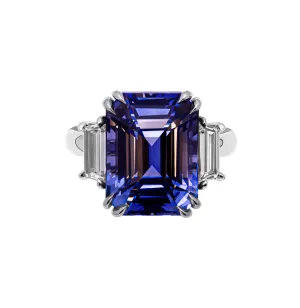 Certified 3 Stone Ring with Emerald cut Blue Sapphire