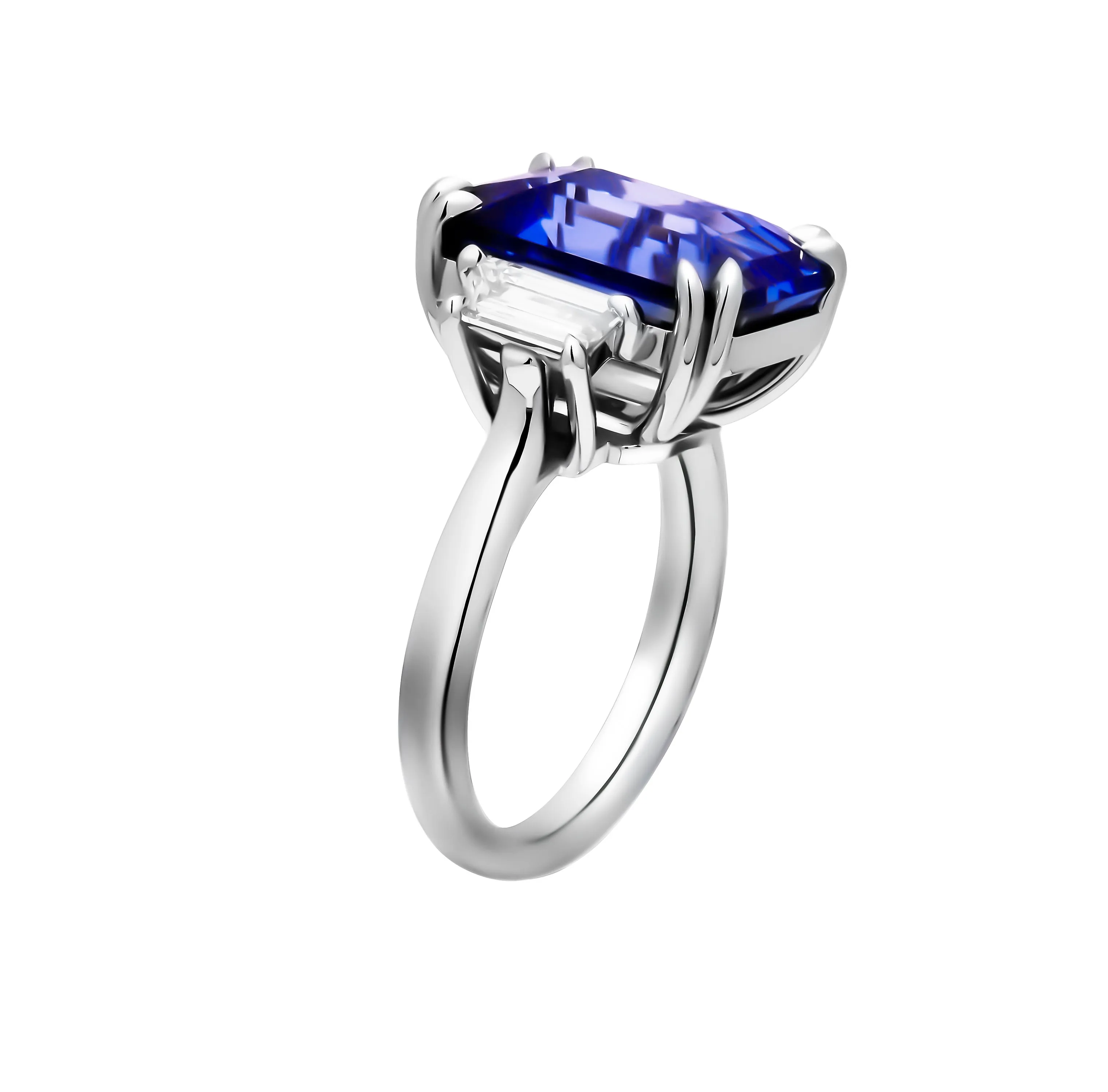 Certified 3 Stone Ring with Emerald cut Blue Sapphire