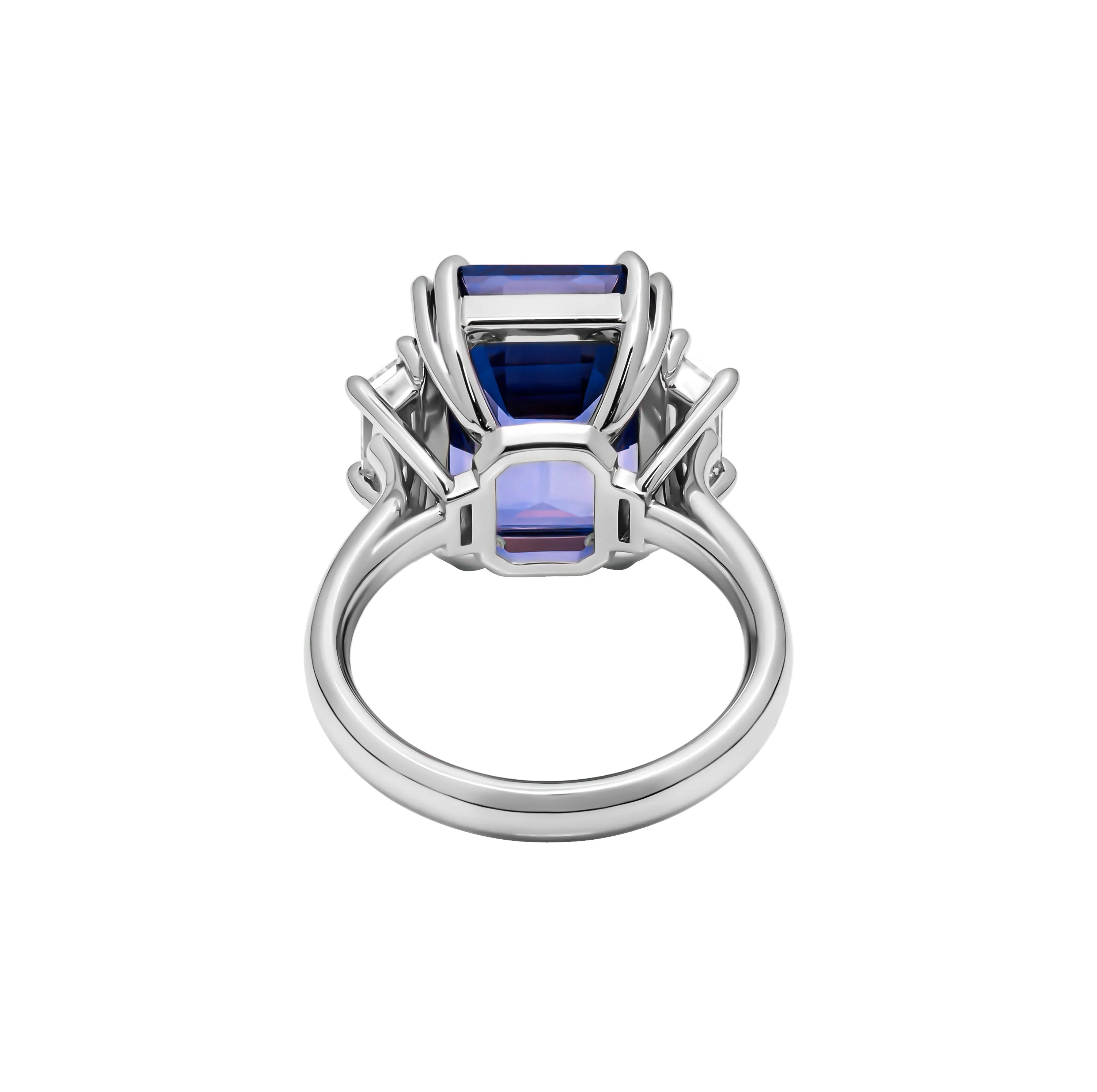 Certified 3 Stone Ring with Emerald cut Blue Sapphire