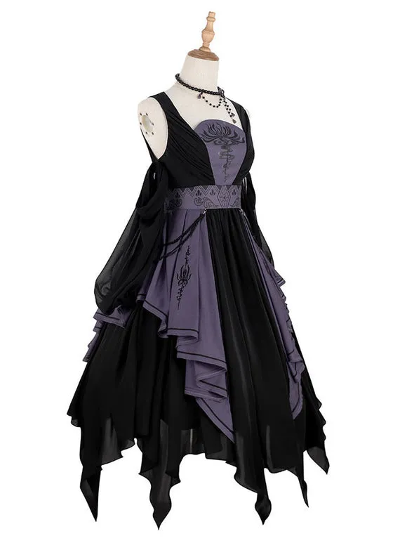 Chinese Style Lolita Dress Chains Sleeveless Polyester Chinese Style Two-Tone Black Chinese Style Lolita