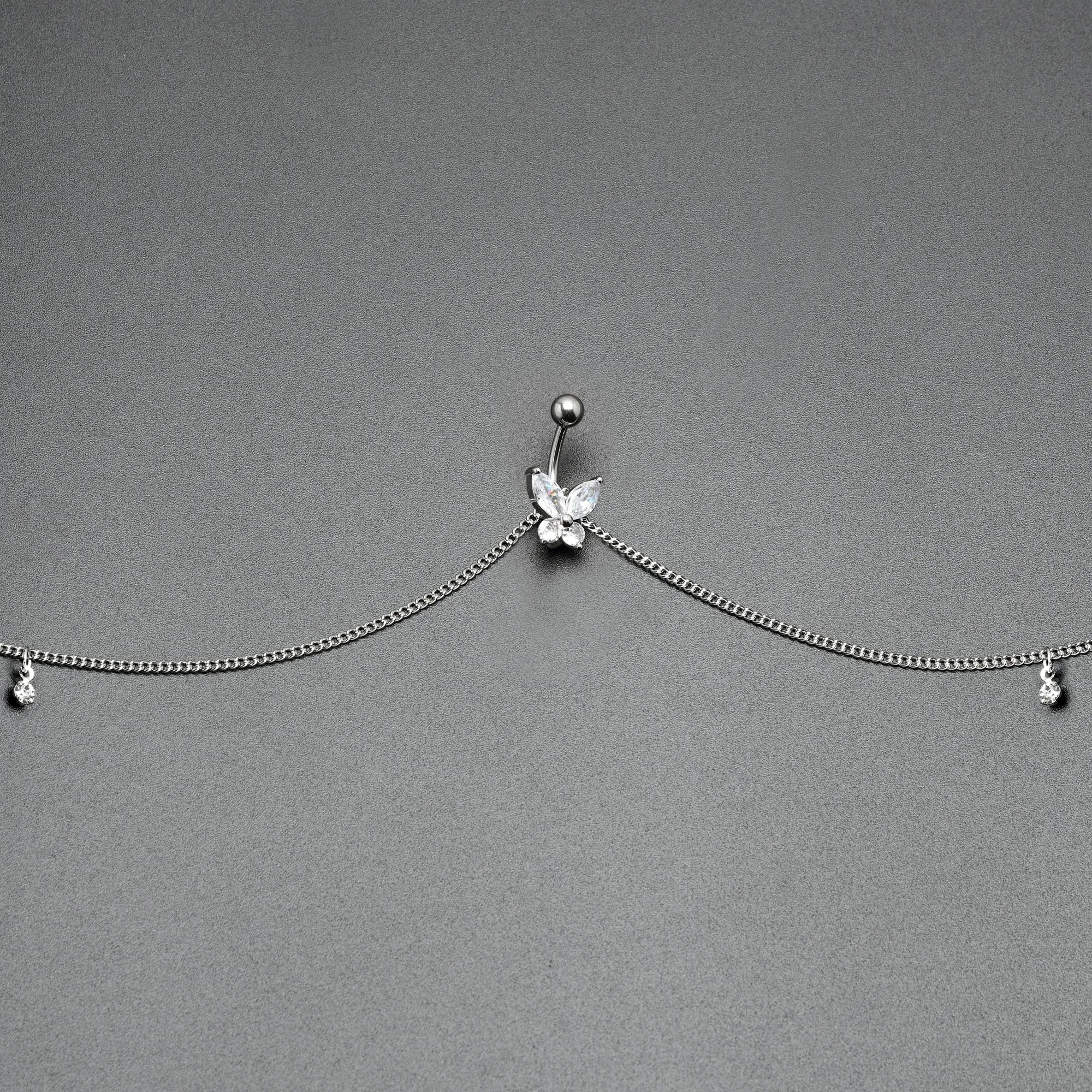 Clear Gem Rococo Butterfly Dangle Belly Ring Belly Chain