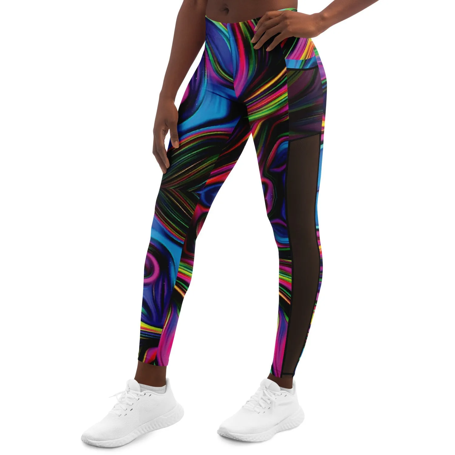 Custom Color Wave Leggings with Mesh Pockets -  Cut and Sewn