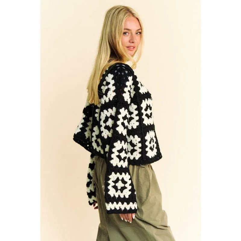 Davi & Dani Full Size Two Tone Flower Square Crochet Open Front Cardigan