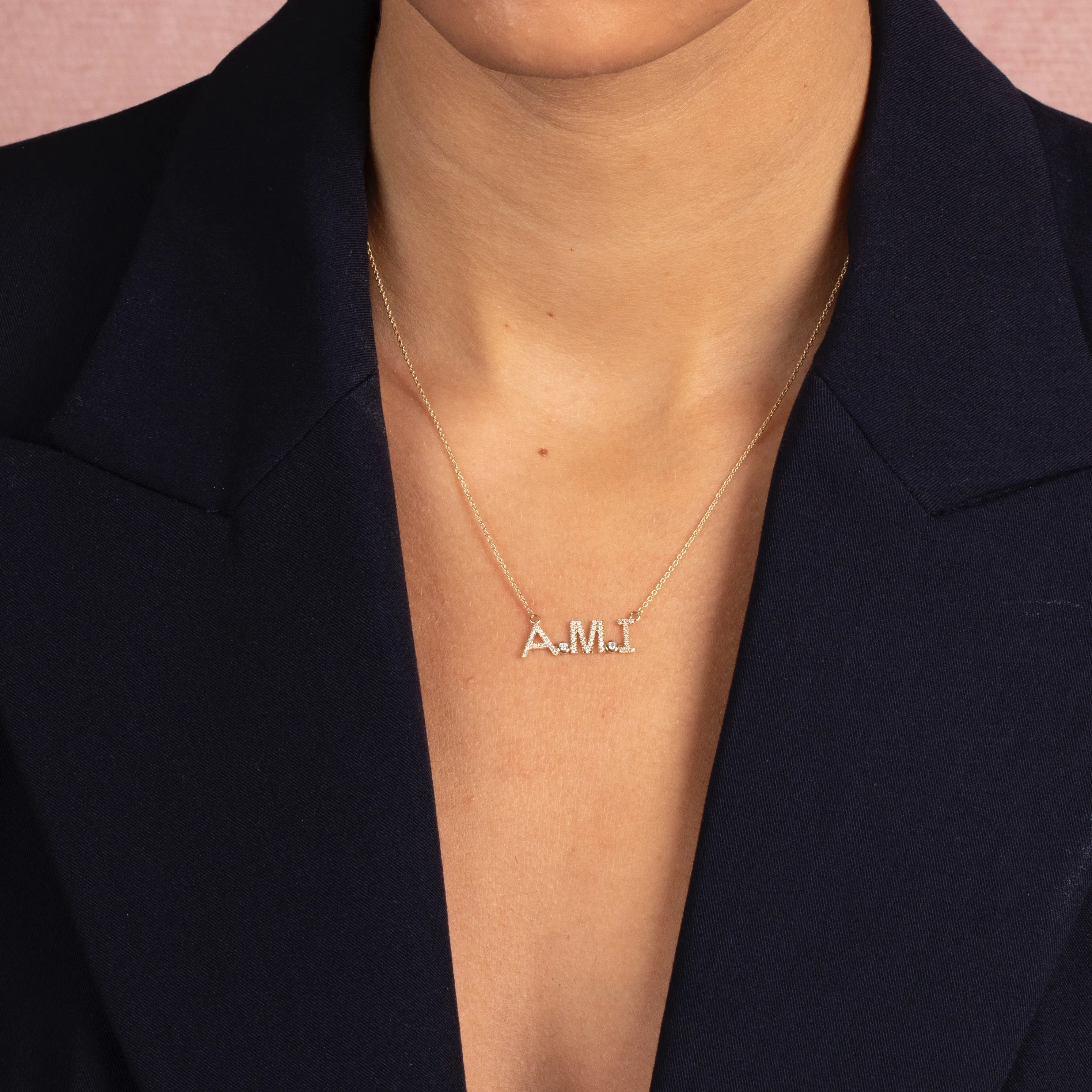 Diamond Block Monogram Nameplate Necklace 14K