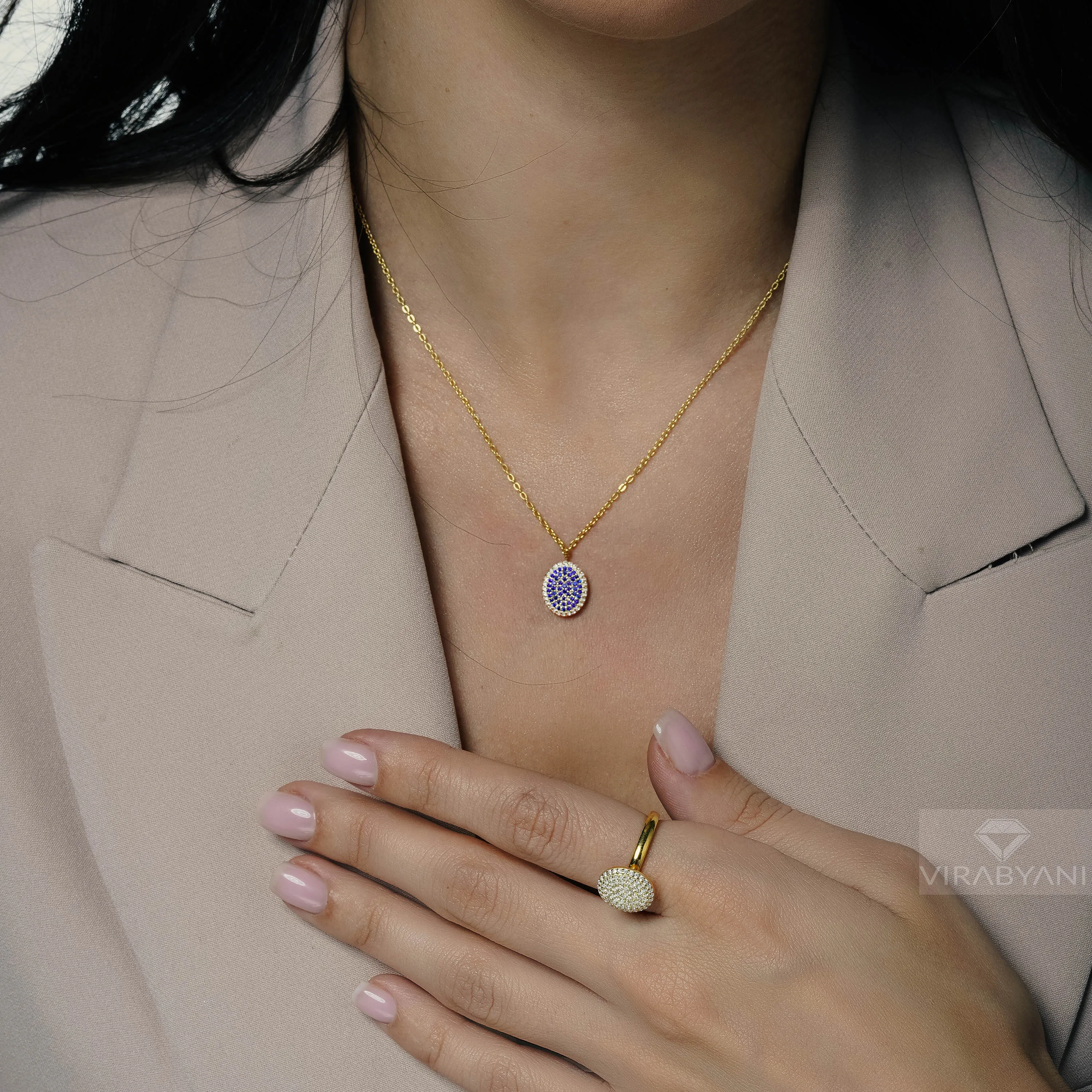 Double Sided Diamond & Sapphire Oval Shaped AMoré Pavé Necklace