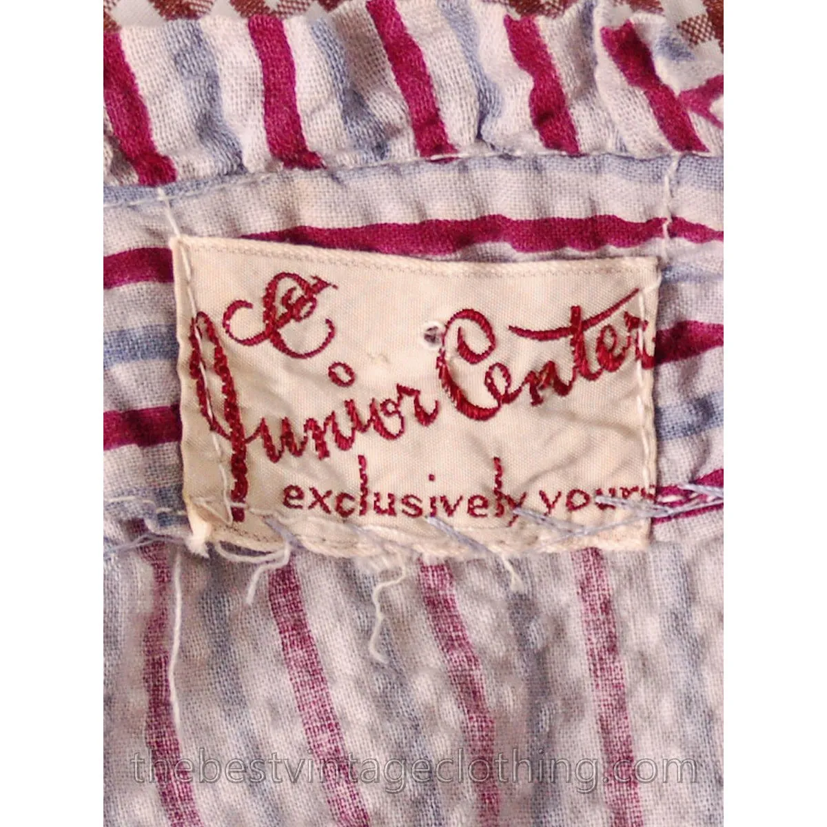 Early 1940s VTG House Dress Blue Red Striped Seersucker 37-25-38 Junior Center Guernsey Pie