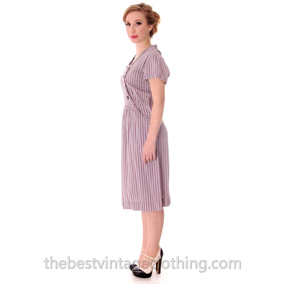 Early 1940s VTG House Dress Blue Red Striped Seersucker 37-25-38 Junior Center Guernsey Pie
