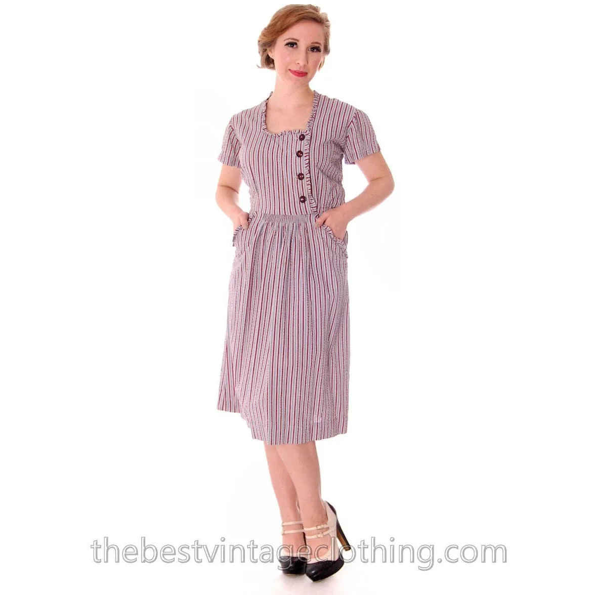 Early 1940s VTG House Dress Blue Red Striped Seersucker 37-25-38 Junior Center Guernsey Pie