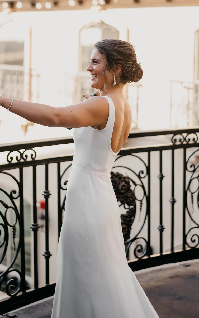 Elegant A-Line Satin Wedding Dress With Square Neckline And Court Train-716502