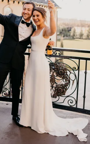 Elegant A-Line Satin Wedding Dress With Square Neckline And Court Train-716502