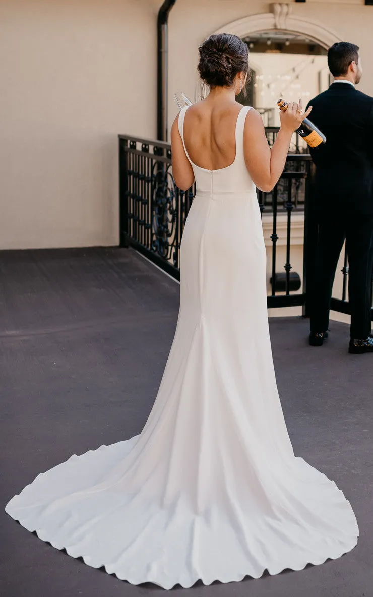 Elegant A-Line Satin Wedding Dress With Square Neckline And Court Train-716502