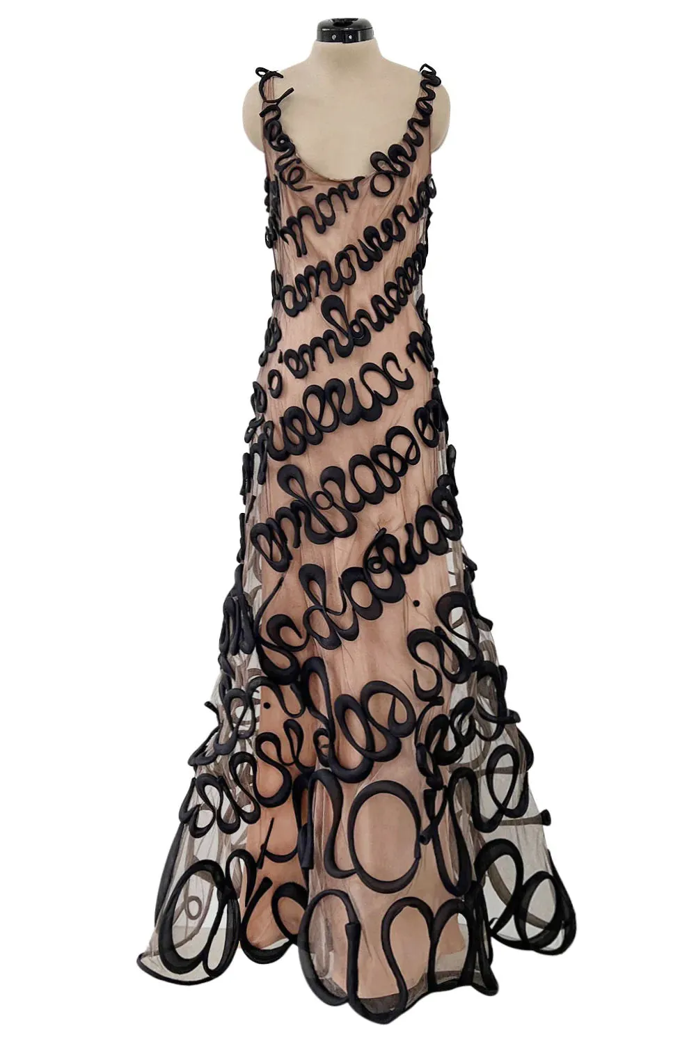 Exquisite Fall 2000 Jean Paul Gaultier Haute Couture Nude & Black Net 3D 'Script' Dress
