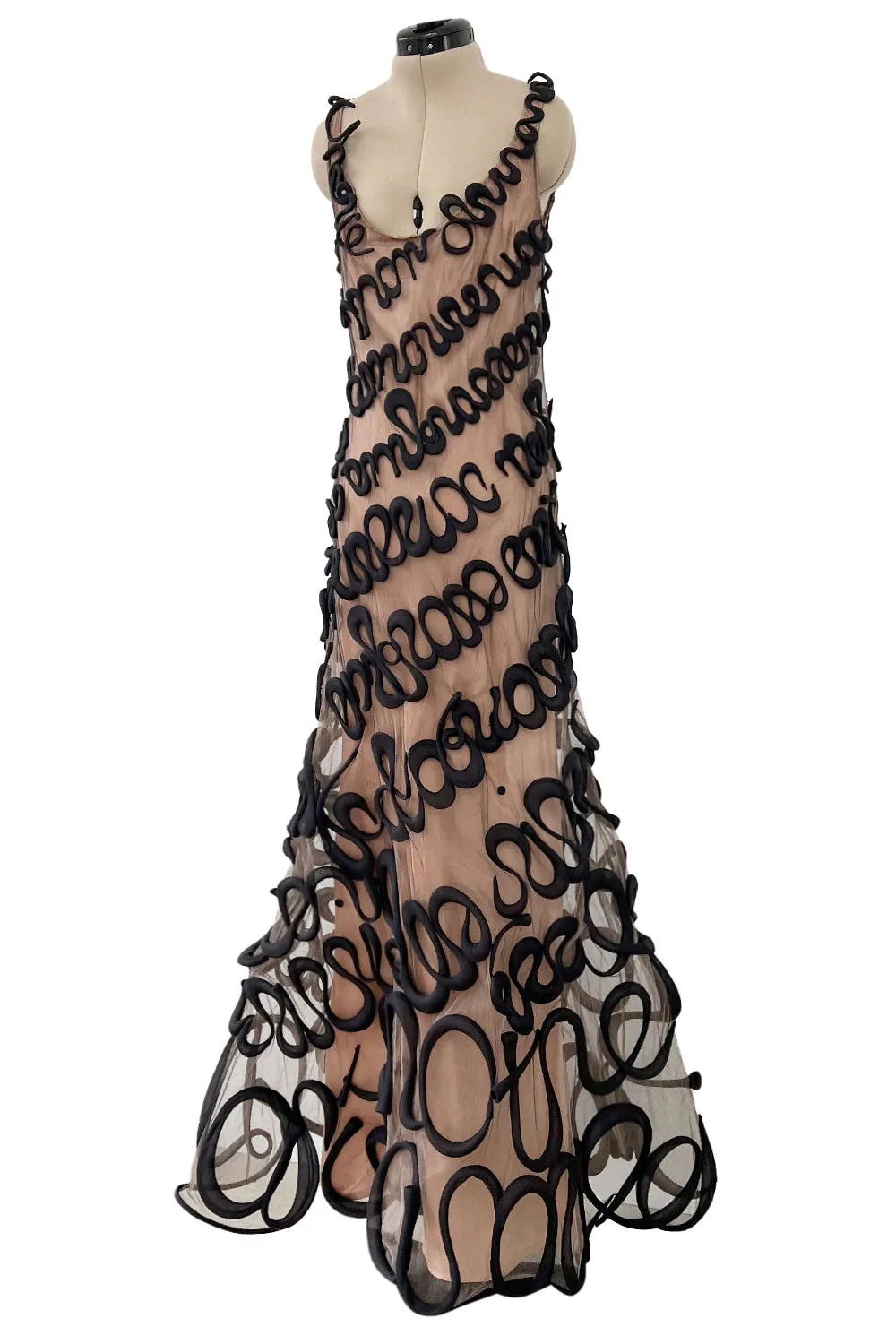 Exquisite Fall 2000 Jean Paul Gaultier Haute Couture Nude & Black Net 3D 'Script' Dress