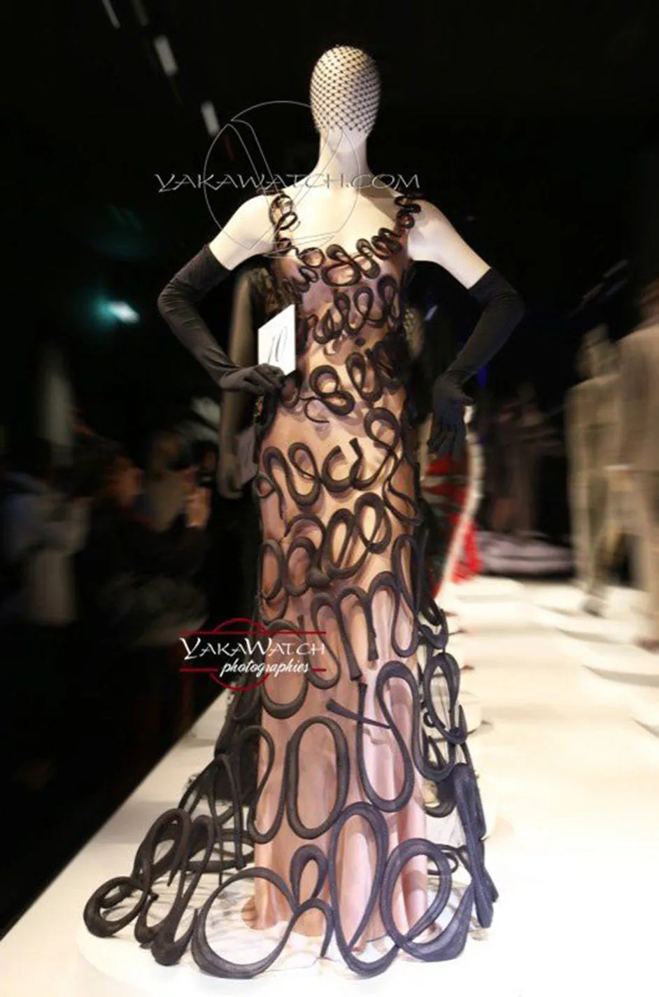 Exquisite Fall 2000 Jean Paul Gaultier Haute Couture Nude & Black Net 3D 'Script' Dress