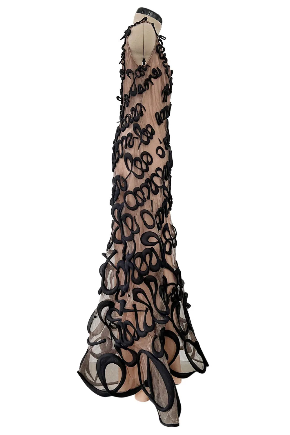 Exquisite Fall 2000 Jean Paul Gaultier Haute Couture Nude & Black Net 3D 'Script' Dress
