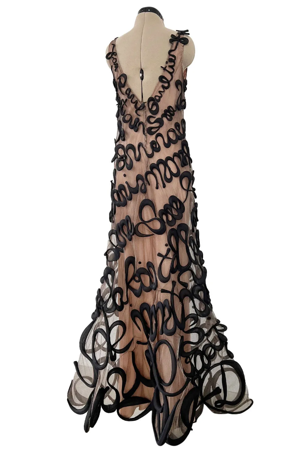 Exquisite Fall 2000 Jean Paul Gaultier Haute Couture Nude & Black Net 3D 'Script' Dress
