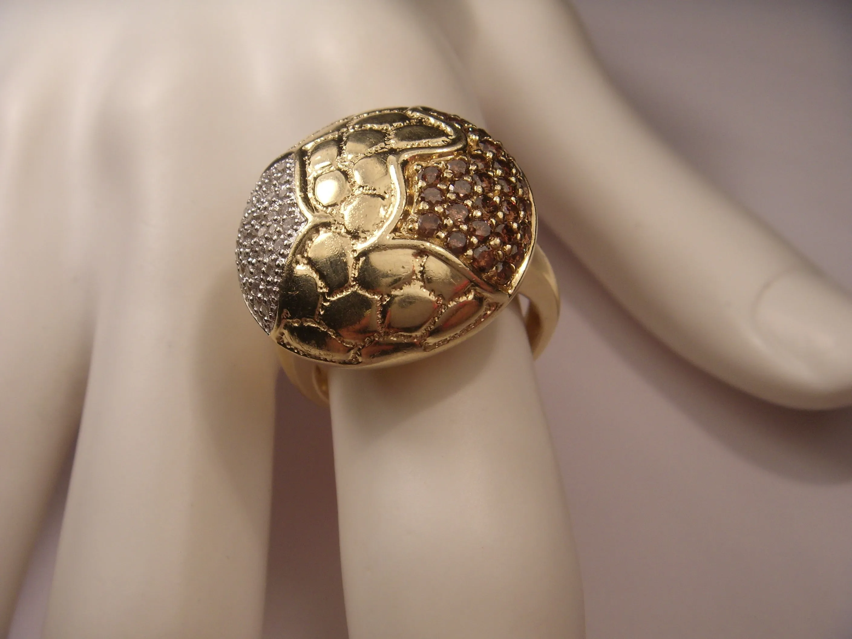Fabulous Estate 14K Yellow Gold Champagne Diamond Beehive Nugget Handmade Ring