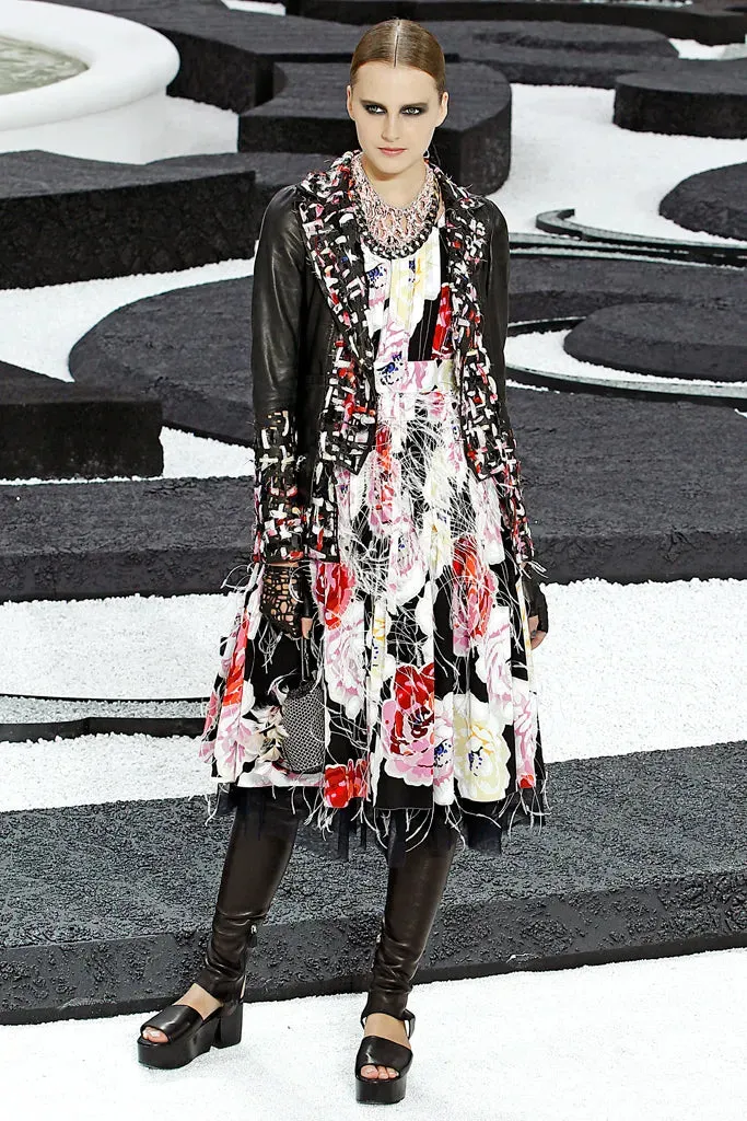 Fantastic Spring 2011 Chanel by Karl Lagerfeld Runway Look 48 Leather Jacket w Floral Silk Detailing