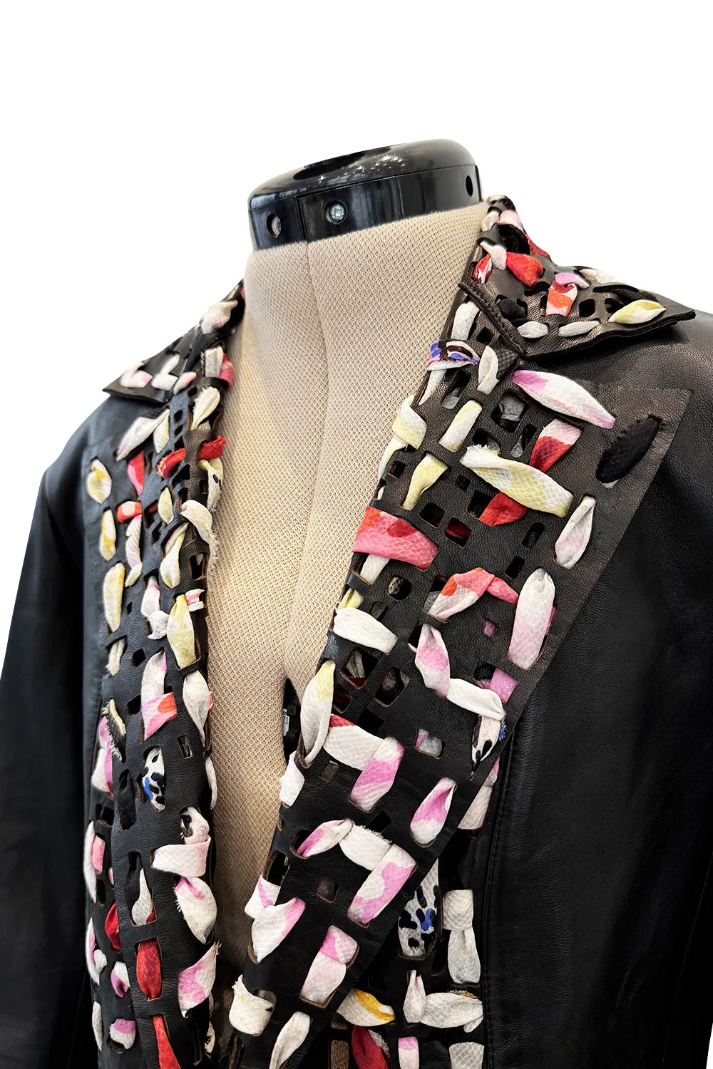 Fantastic Spring 2011 Chanel by Karl Lagerfeld Runway Look 48 Leather Jacket w Floral Silk Detailing